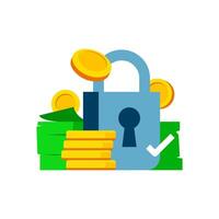 Flat illustration of financial security and safe transactions. banknotes, coins, padlock and check mark. secure payments, fraud prevention, and guaranteed fund protection. encrypted financial systems vector