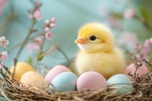 Cute baby chick sitting in nest with colorful easter eggs and flowers photo