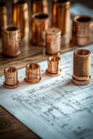 Copper plumbing fittings on blueprint showing new home design photo