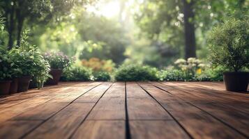 Wooden table with beautiful garden in sunny day background photo