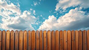 Wooden picket fence under cloudy blue sky, representing security and privacy. photo