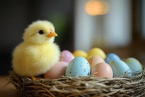 Cute chick standing in nest with colorful easter eggs photo
