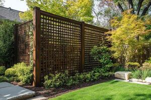 Wooden trellis creating privacy in lush garden setting photo