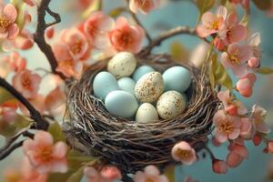 Easter eggs nest resting on blooming spring tree branch photo