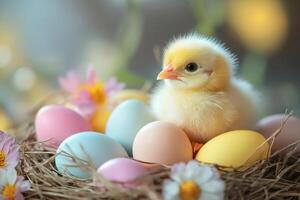 Cute baby chick sitting on colorful easter eggs in a nest photo