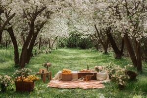 Romantic picnic setup under blooming apple trees in spring orchard photo