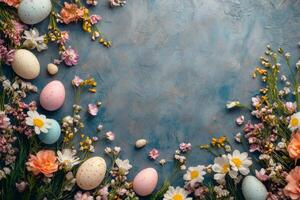Easter eggs and spring flowers creating a frame on a textured blue background photo