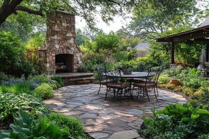 Stone patio with fireplace creating a relaxing backyard oasis photo