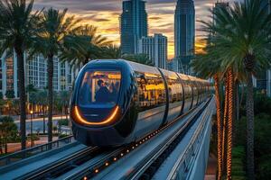 Modern elevated train moving through downtown miami at dusk photo