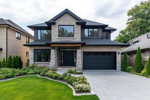 Modern stone luxury home with garage and landscaping on a sunny day. photo