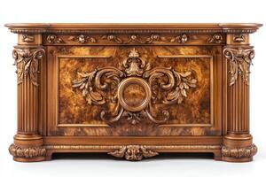Elegant wooden commode showing intricate carvings and luxurious design photo