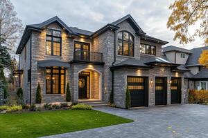 Beautiful new luxury home exterior with stone and brick and three car garage at dusk photo