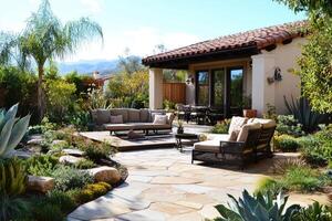 Comfortable backyard patio featuring lush landscaping and mountain view photo