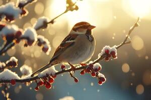 Sparrow perching on snowy branch with red berries at sunset photo