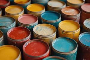 Colorful paint cans creating a vibrant and artistic display. photo