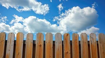 Wooden picket fence under cloudy blue sky, representing security and privacy photo