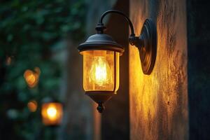Vintage wall lamp illuminating a cozy ambiance with blurred background.. photo