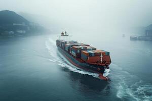 Large container ship sailing in the ocean on a foggy day. photo