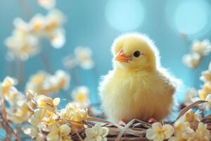 Little chick resting on a nest with yellow flowers and blue background photo