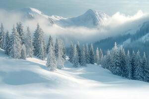 Majestic snow-covered pines and mountains creating a winter wonderland photo