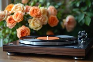 Vinyl record playing on turntable with bouquet of roses in background photo