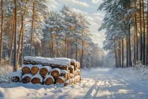 Stack of logs covered with snow creates stunning winter forest scene photo
