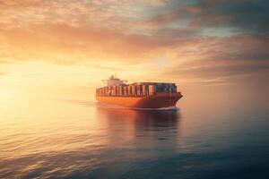Large container ship sailing on calm ocean at sunset photo