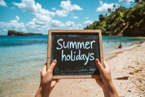 Tourist holding blackboard with summer holidays written on it at tropical beach photo