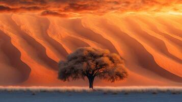 Lonely tree standing in front of sand dunes during sunset in the namib desert photo
