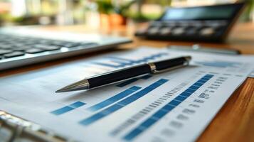 Pen resting on financial charts with laptop and calculator in background, showing business analytics and planning photo