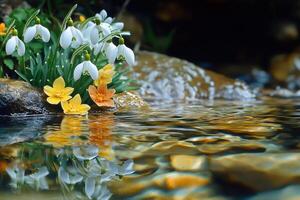 Snowdrops and winter aconites growing near a stream in spring photo