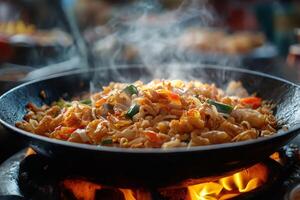Steaming hot pad thai noodles cooking in a wok on an open fire photo