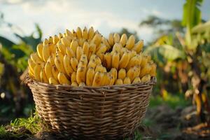 Wicker basket overflowing with freshly picked bananas in plantation photo