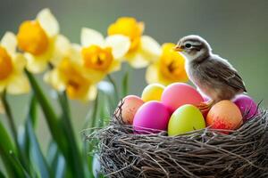 Little bird sitting on colorful easter eggs in a nest with daffodils in the background photo