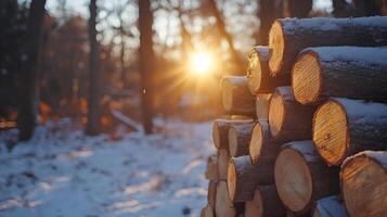 Logs stacked in a snowy forest at sunset create a warm, inviting scene photo
