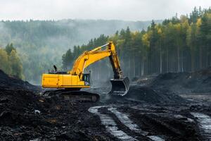 Excavator working on coal mine with forest and fog in background photo