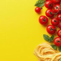 Spaghetti and tomatoes on yellow background top view photo