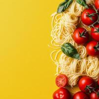 Spaghetti with tomatoes and basil on yellow background top view photo
