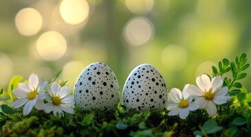 Two easter eggs on the grass with daisies photo