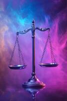 Vintage brass scales balanced on a colorful abstract background showcasing justice and fairness photo