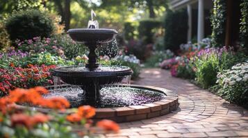 A fountain in a garden with flowers and trees photo
