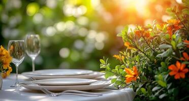 A table setting with two glasses and a plate photo