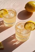 Two glasses of lemonade with ice and lemons photo