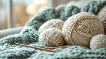 A pile of yarn and knitting needles on a couch photo