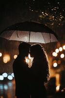 A couple kissing under an umbrella at night photo