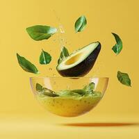 Avocado with green leaves and splash of water on yellow background photo