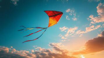 A kite flying in the sky with a colorful tail photo