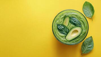 Refreshing green smoothie with avocado and spinach on vibrant yellow background photo
