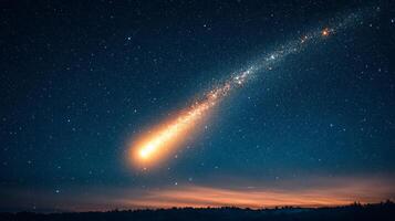 A comet is seen in the sky with a bright light photo