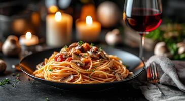 Spaghetti with mushrooms and tomatoes in a black bowl with a glass of red wine photo